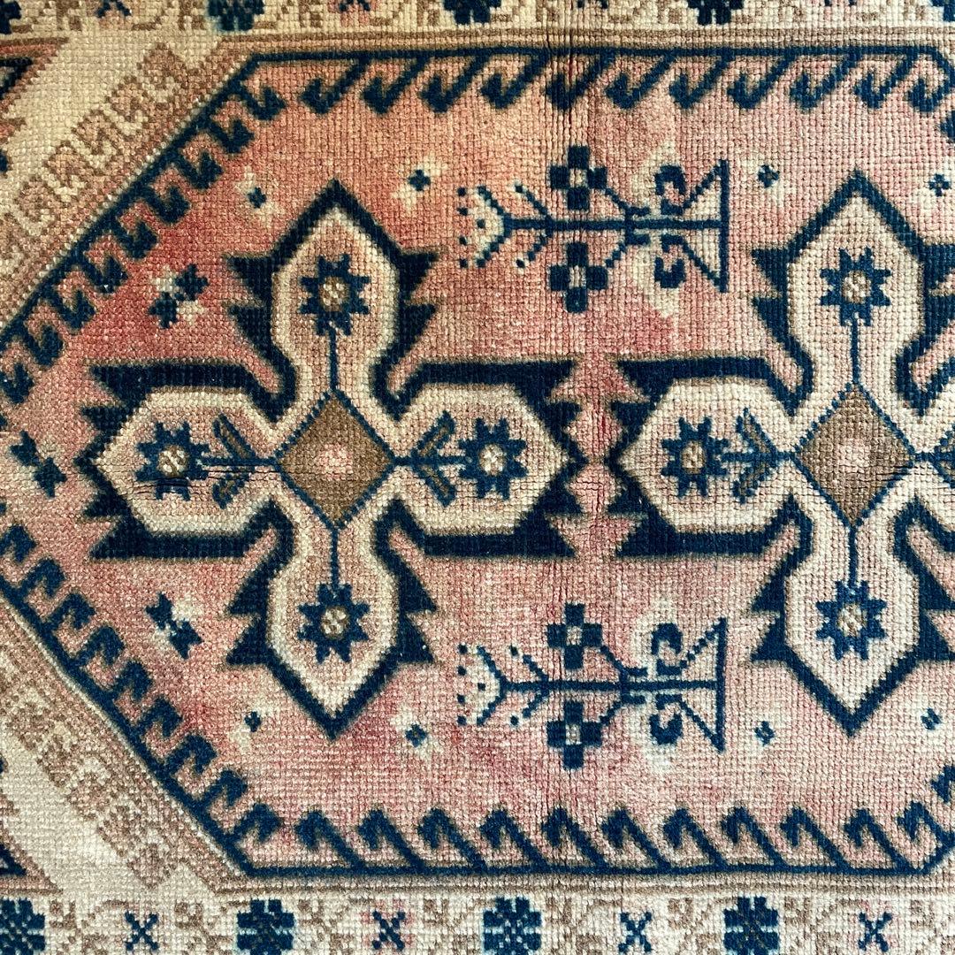 115×72cm ◇トルコヴィンテージラグ　ブラウン615　ブルー　幾何学模様