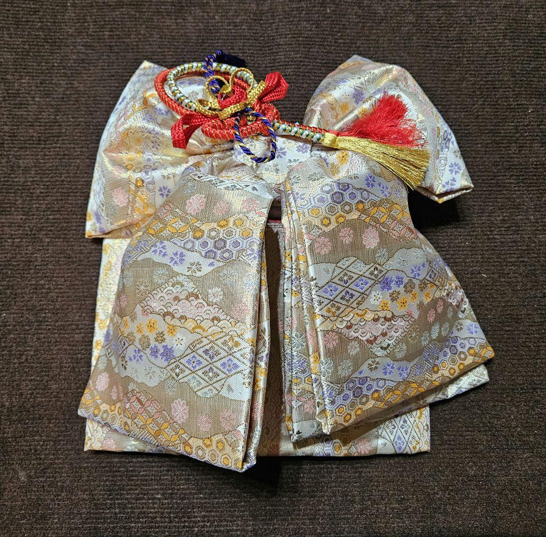 美品 七五三 結び·はこせこセット 7歳 結び帯 作り帯 白/曇取り　七歳用