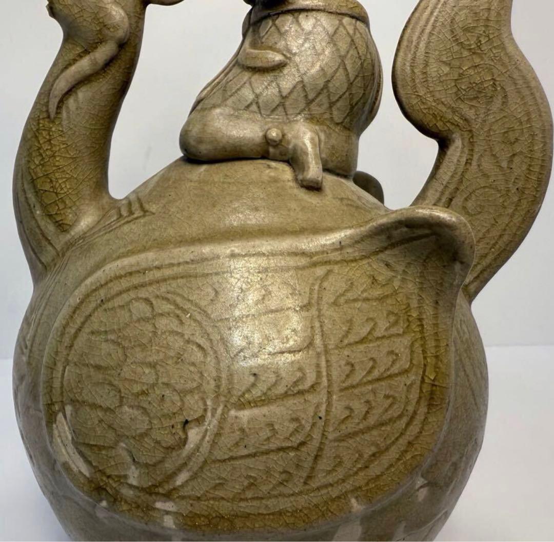 ベトナム陶器製 鶴の茶釜骨董品保証