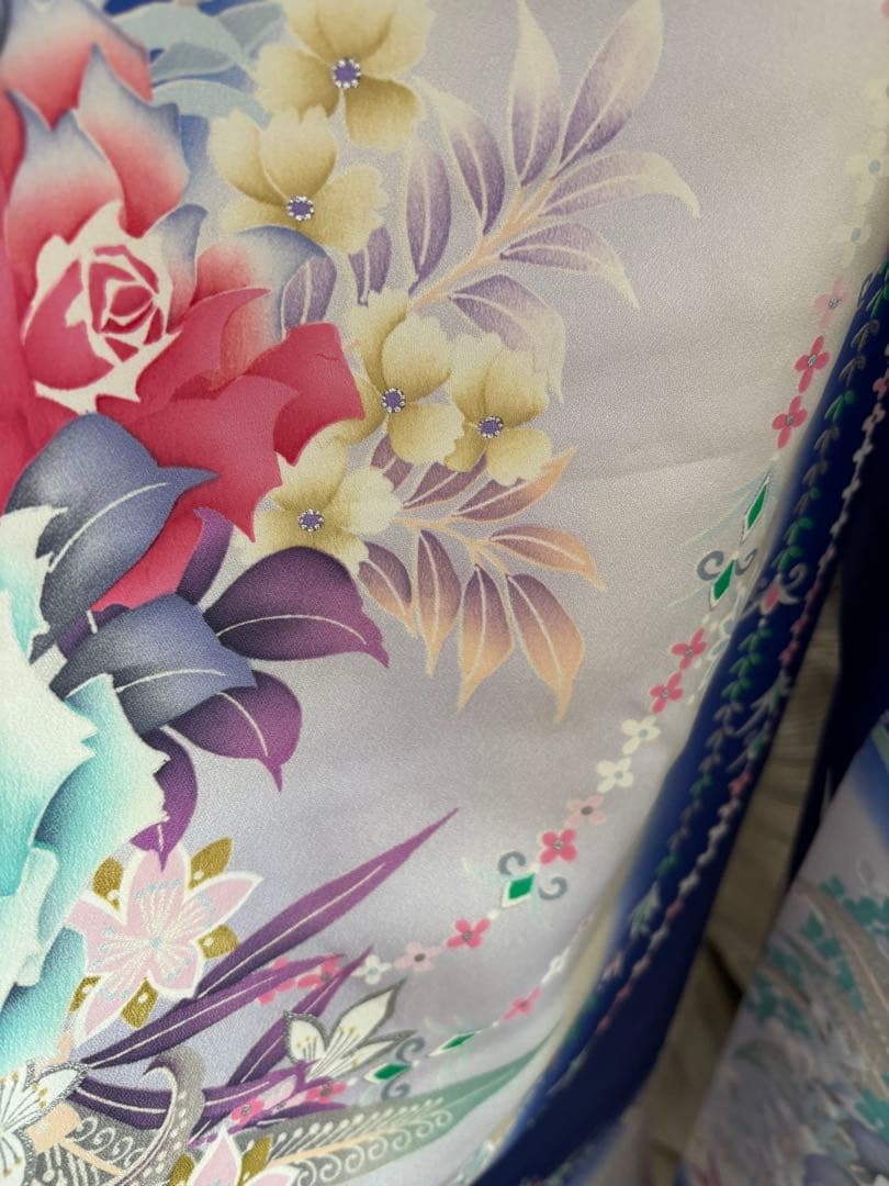 美品　豪華振袖フルセット　薔薇　ブルー　青色　パール帯締め付き　成人式