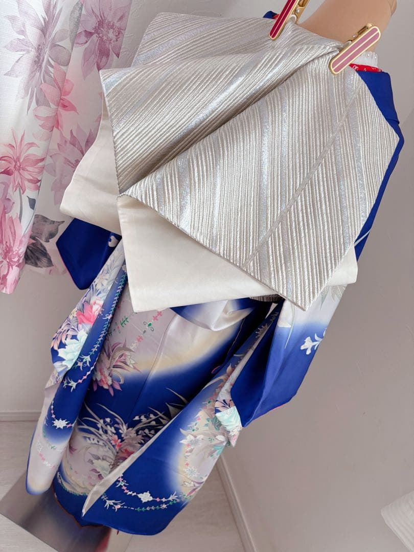 美品　豪華振袖フルセット　薔薇　ブルー　青色　パール帯締め付き　成人式