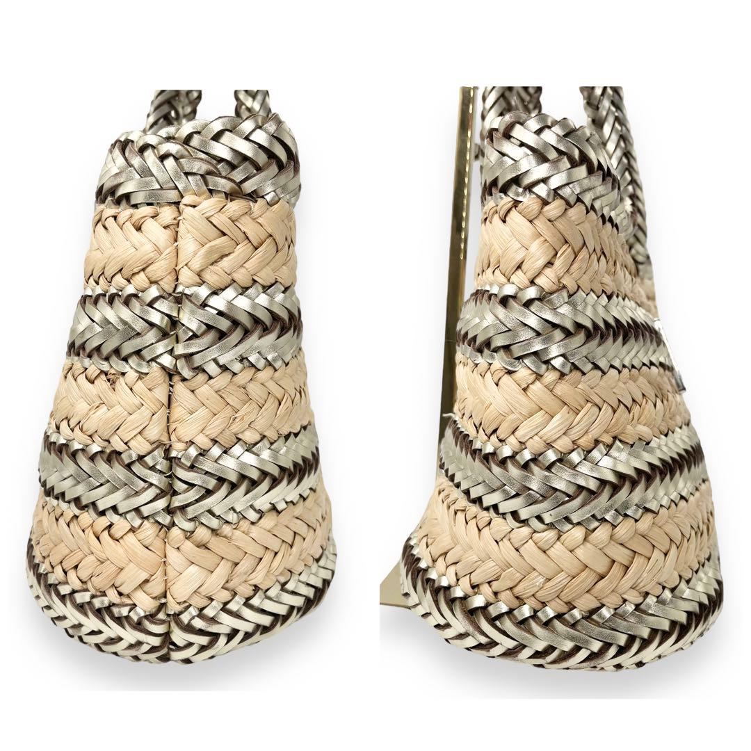 美品■アニヤハインドマーチ　かごバッグ　シルバー　リボン　レザープレート