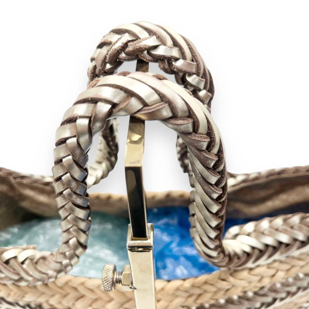 美品■アニヤハインドマーチ　かごバッグ　シルバー　リボン　レザープレート