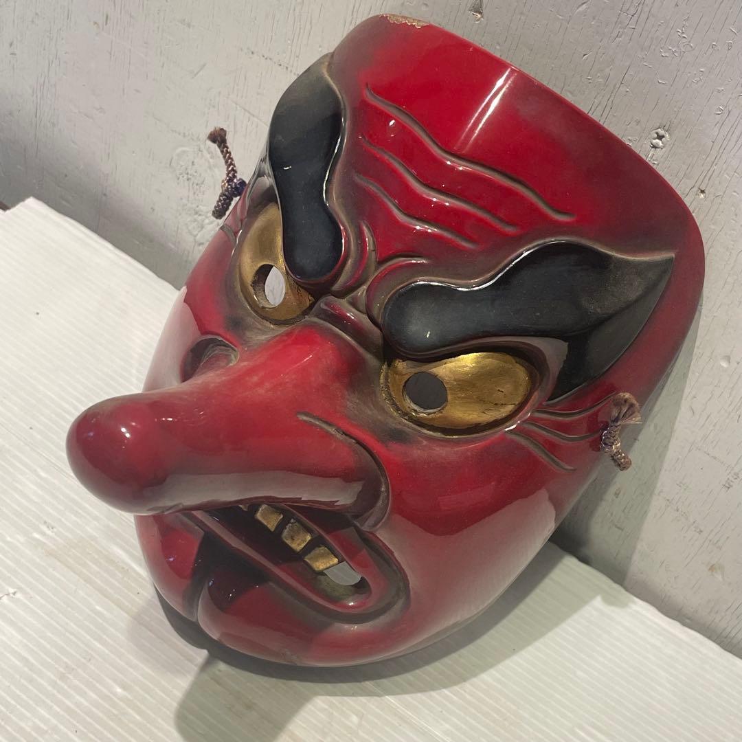 天狗 お面 壁掛け　木彫　時代　木彫り　小天狗　清巴　魔除け　縁起物　鬼面