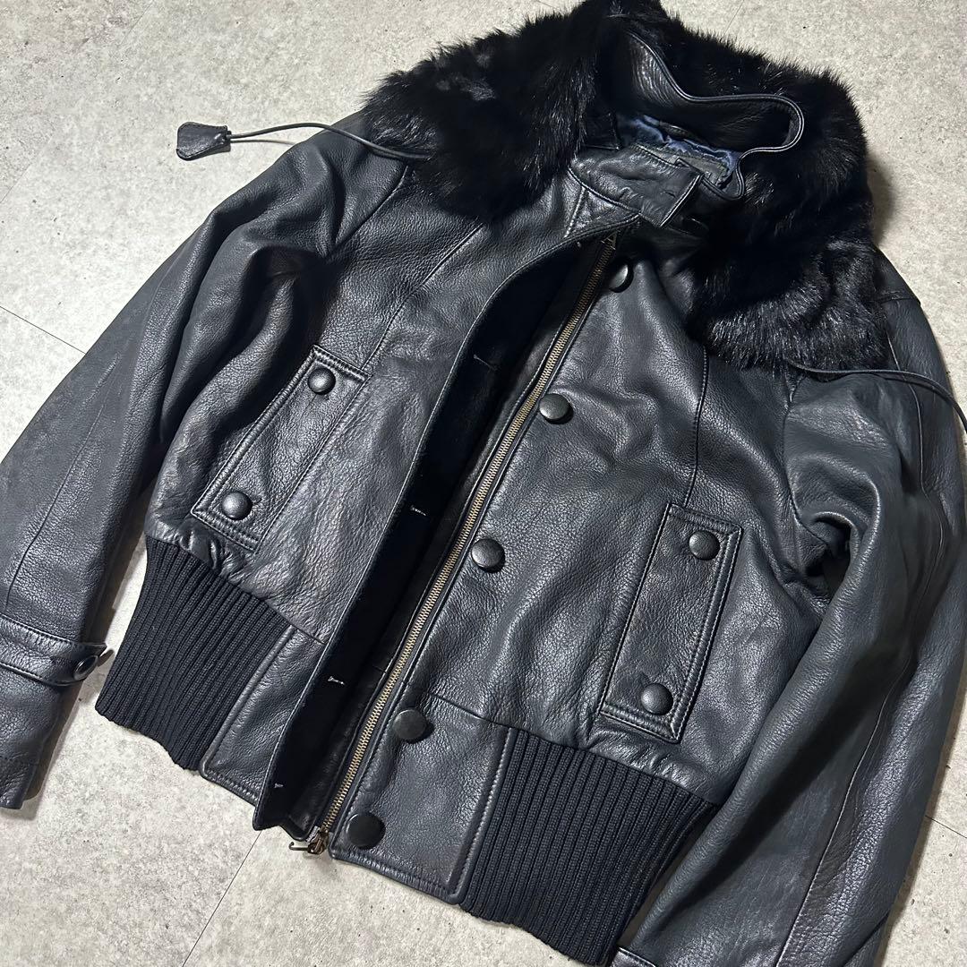 00s ARMANI JEANS レザー 短丈ブルゾン ファー取り外し可能 黒