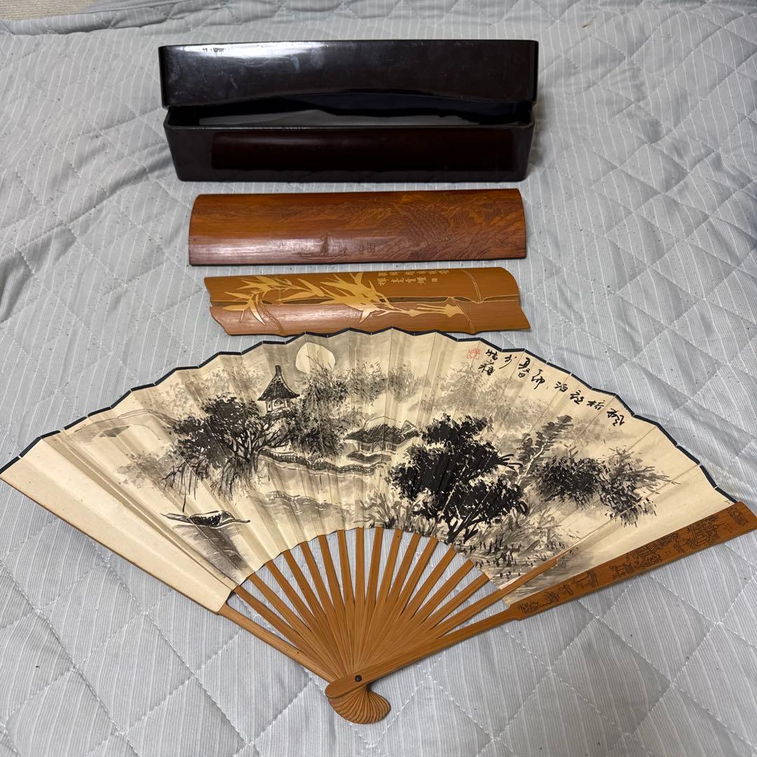 中国古美術 扇子 在銘 文房具　煎茶道具　茶合　山水人物彫　竹茶合 詩文彫