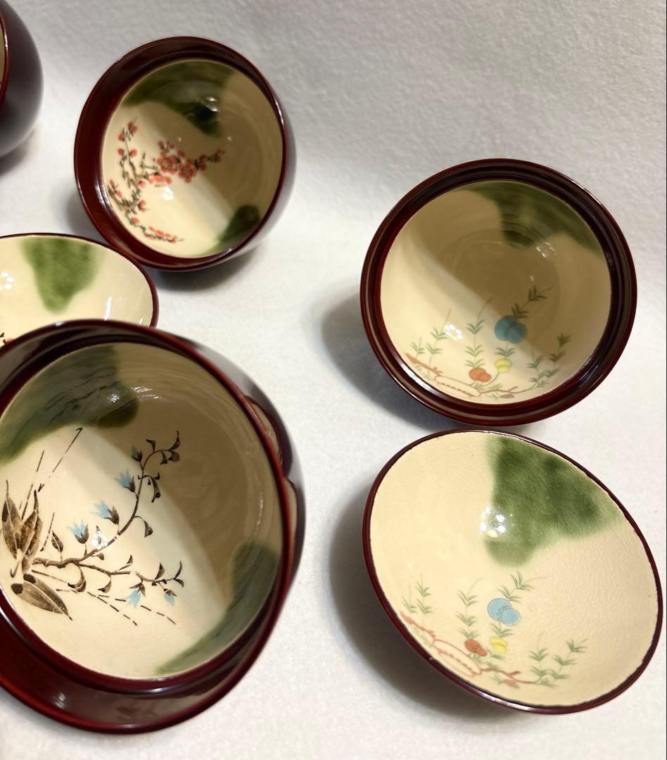 庫山窯 陶胎漆器 蓋付き煮物碗 五客 前畑陶器 和食器 懐石料理 絵変わり