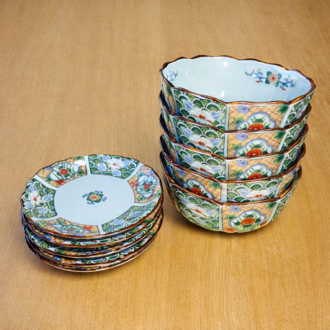 新品未使用・木箱入/佐藤走波 有田焼 華やか色絵 鉢5客＋皿5枚セット 年始め◎