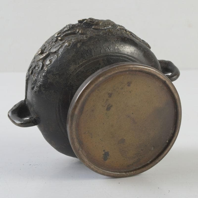 中国　古銅宣徳銅　獅子摘　龍鳳凰刻　蓋爐　香炉　V　9622