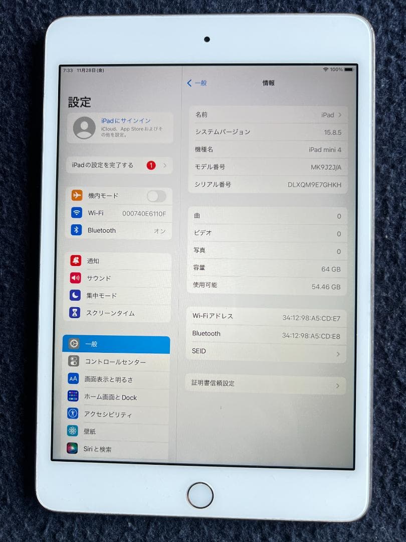 ipad mini 4 silver wi-fi ６４GB バッテリー１００%
