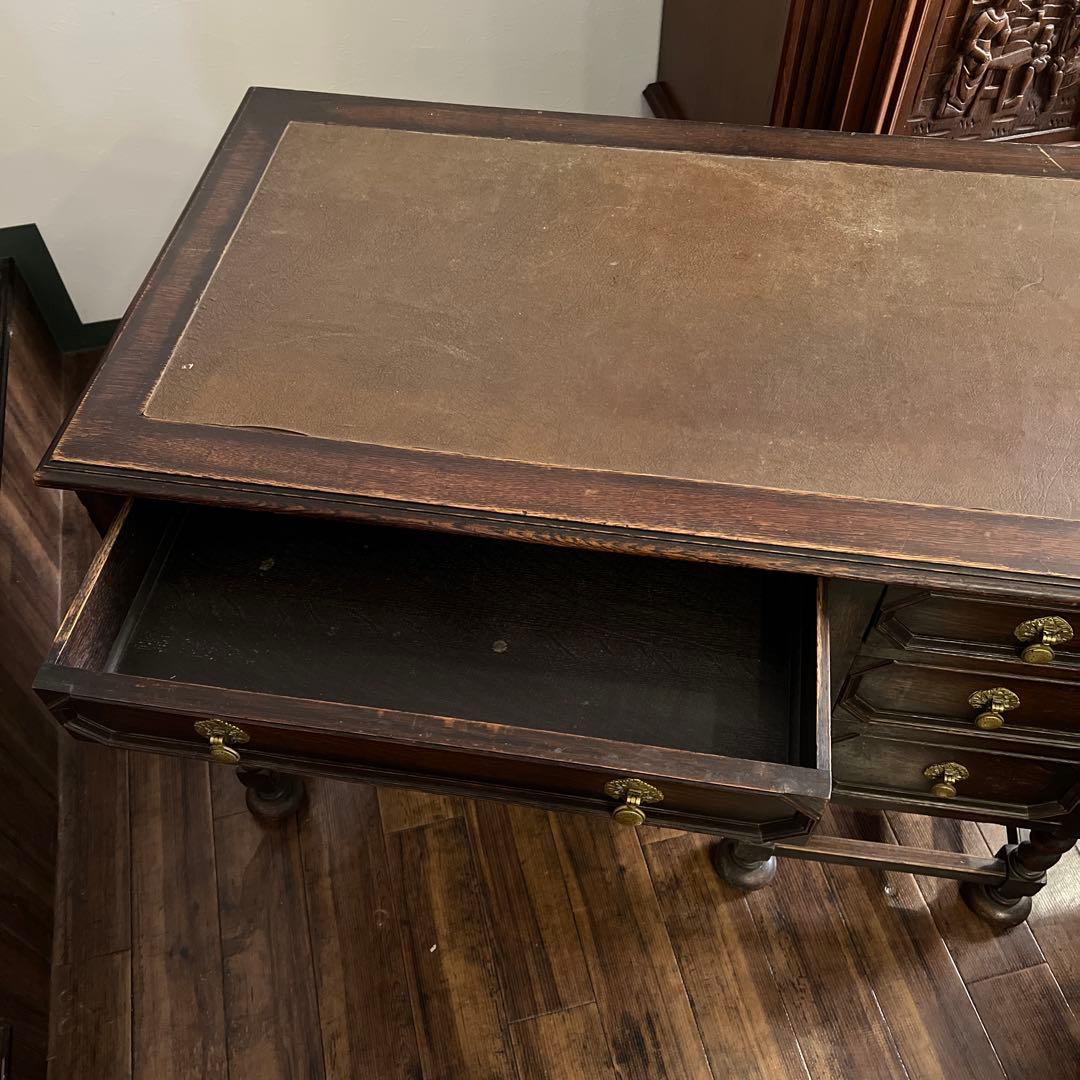 k232r124 イギリス アンティークデスク 革張り ツイストレッグ オーク材