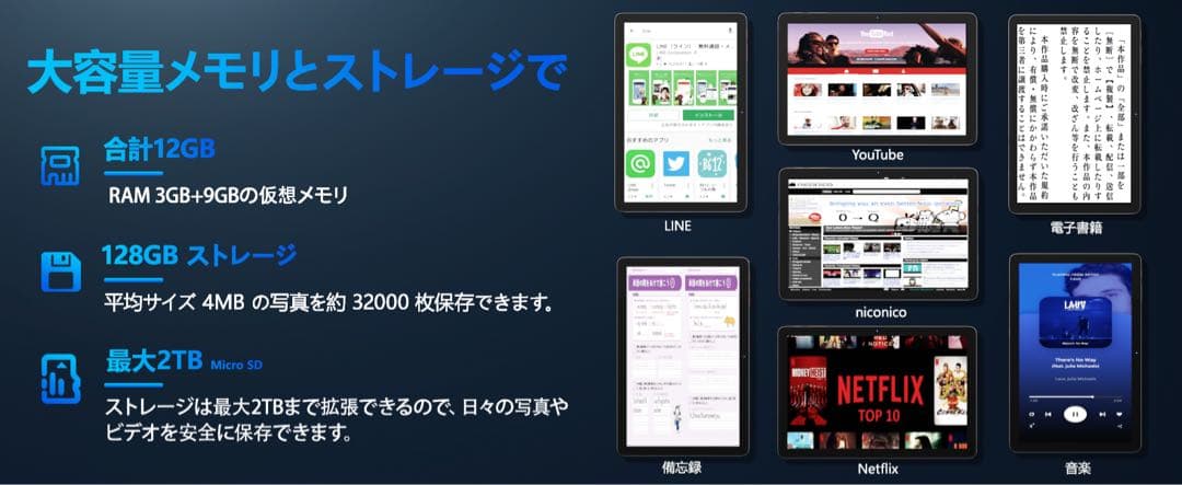 タブレット 10インチ Android 14 12GB+128GB+2TB拡張