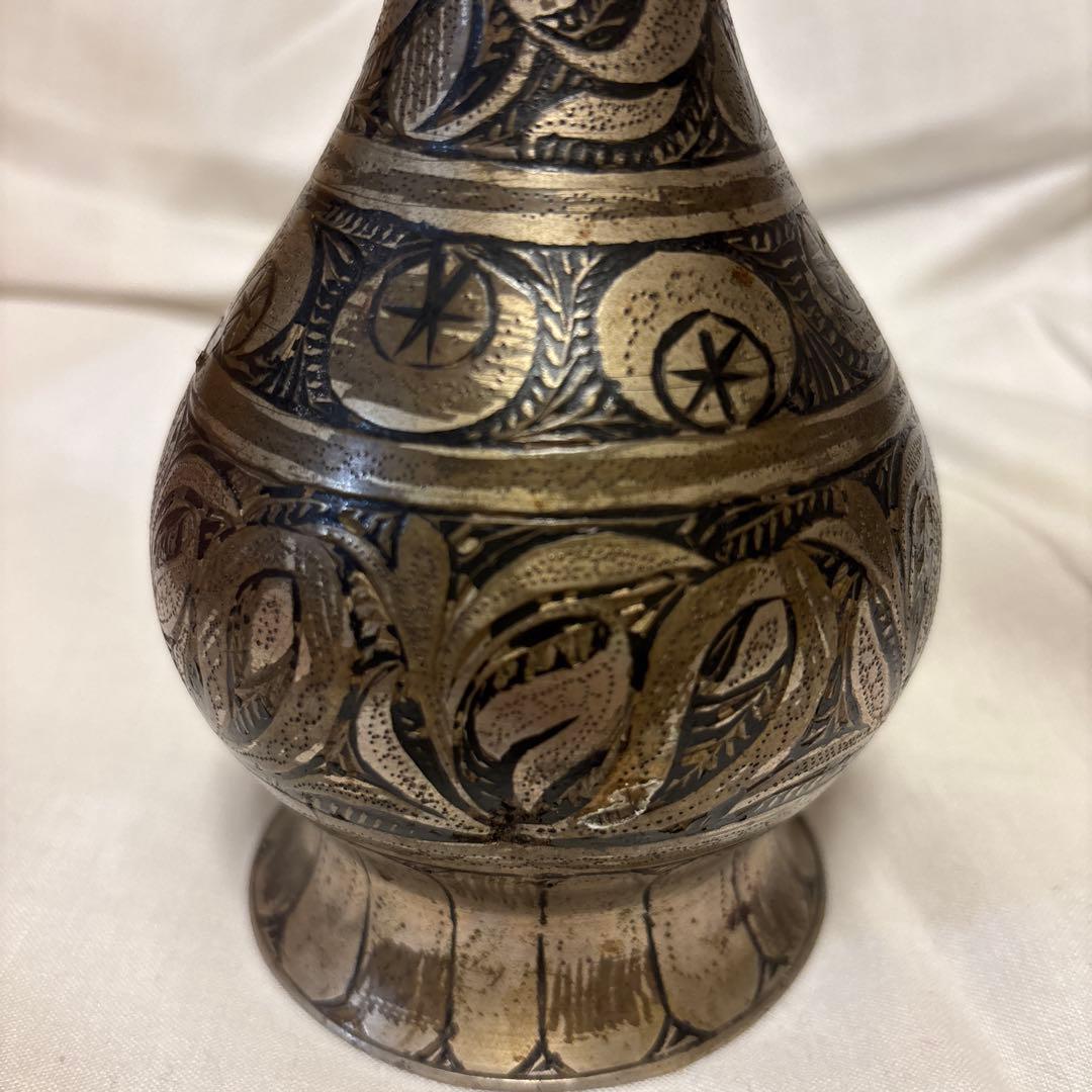 【希少】　インド工芸 ビドリ焼き 銀象嵌 黒地 花瓶 伝統金属工芸