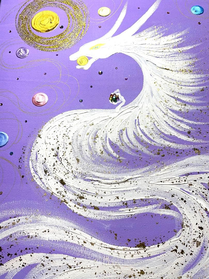 開運絵画　白龍神様　蓮の花７色　守護龍　蓮の花　運気上昇　金箔　スワロフスキー