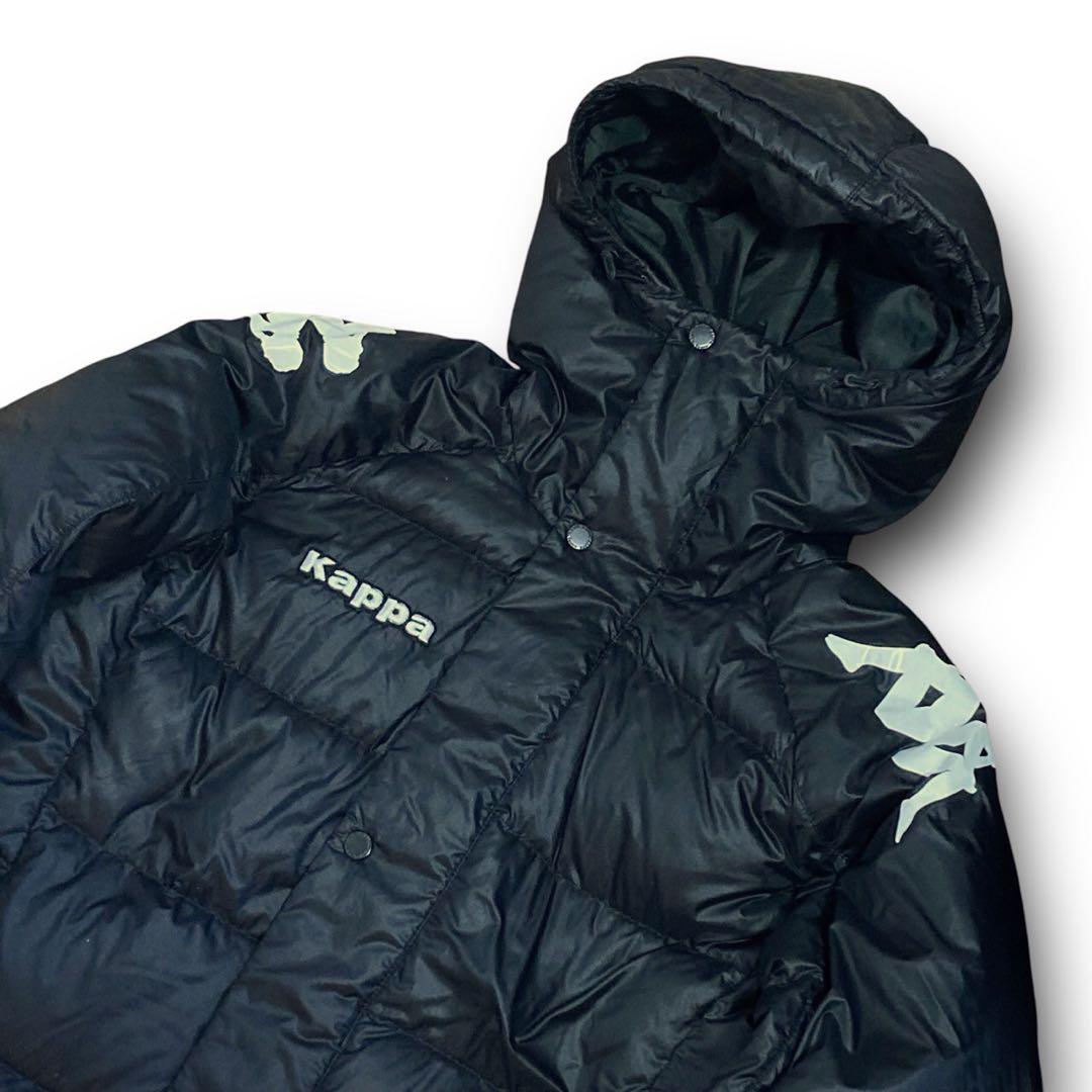 ◆kappa ロングダウン　ベンチコート　ブラック　ロゴ　フード　M