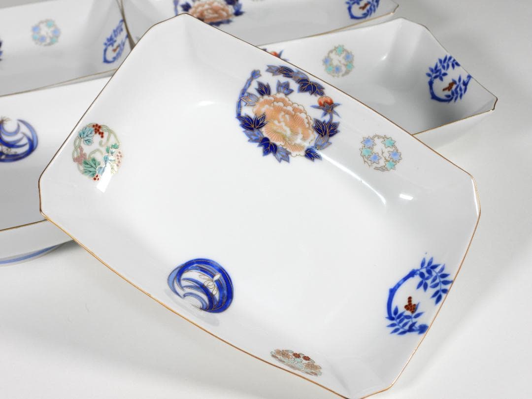 深川製磁 染錦花丸紋 長角皿　刺身皿5枚