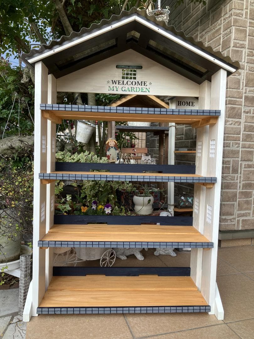 No23 三角屋根の簡単移動 WELCOMEmyGARDEN　white 棚4段