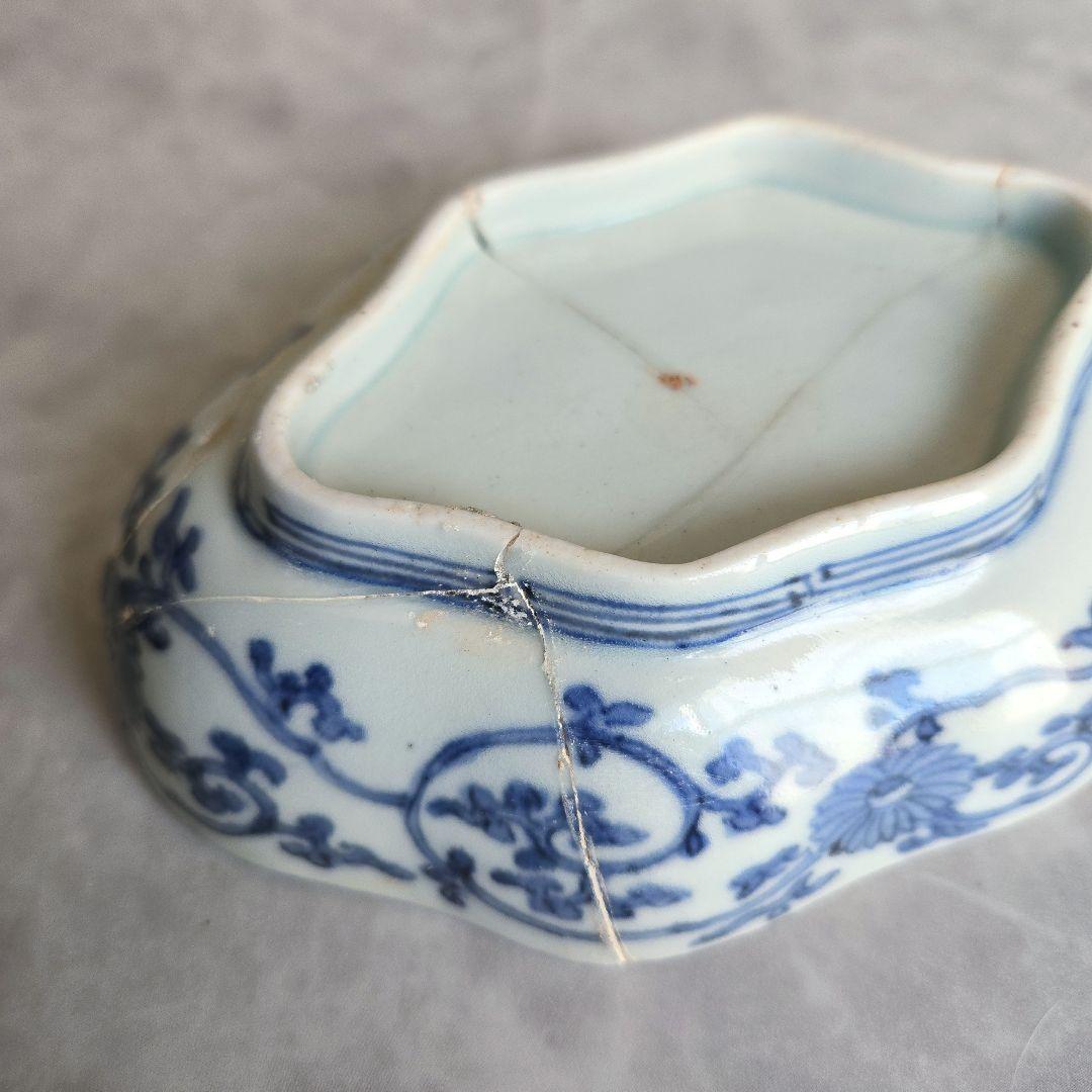 古伊万里　藍柿手　染付　向付　桜　江戸時代　骨董　金直し　金継ぎ　アンティーク