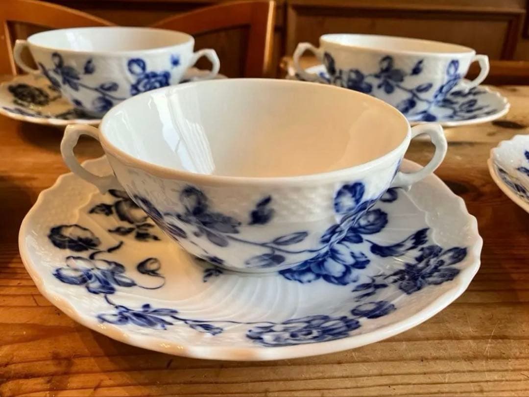 ジノリ　ベッキオブルーフラワー　ダブルハンドルスープカップアンドソーサー×5