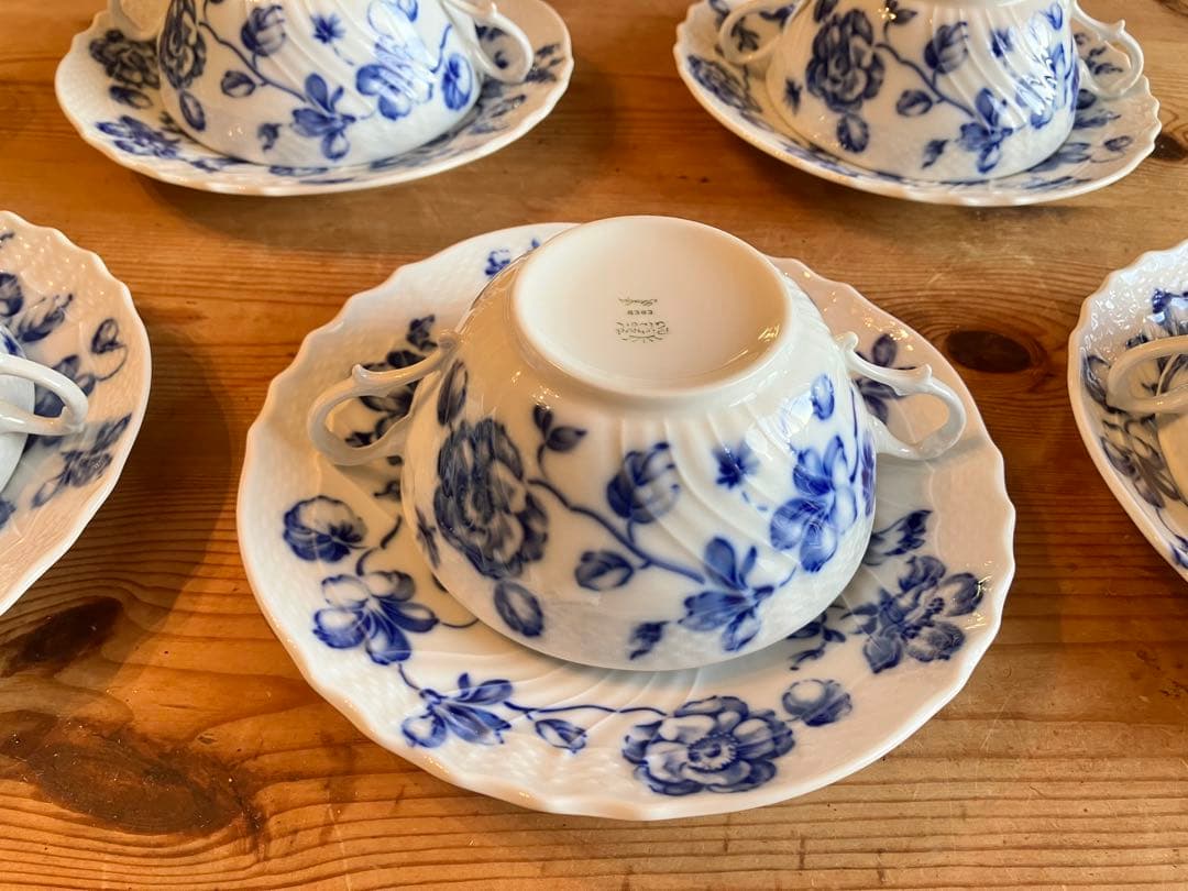 ジノリ　ベッキオブルーフラワー　ダブルハンドルスープカップアンドソーサー×5