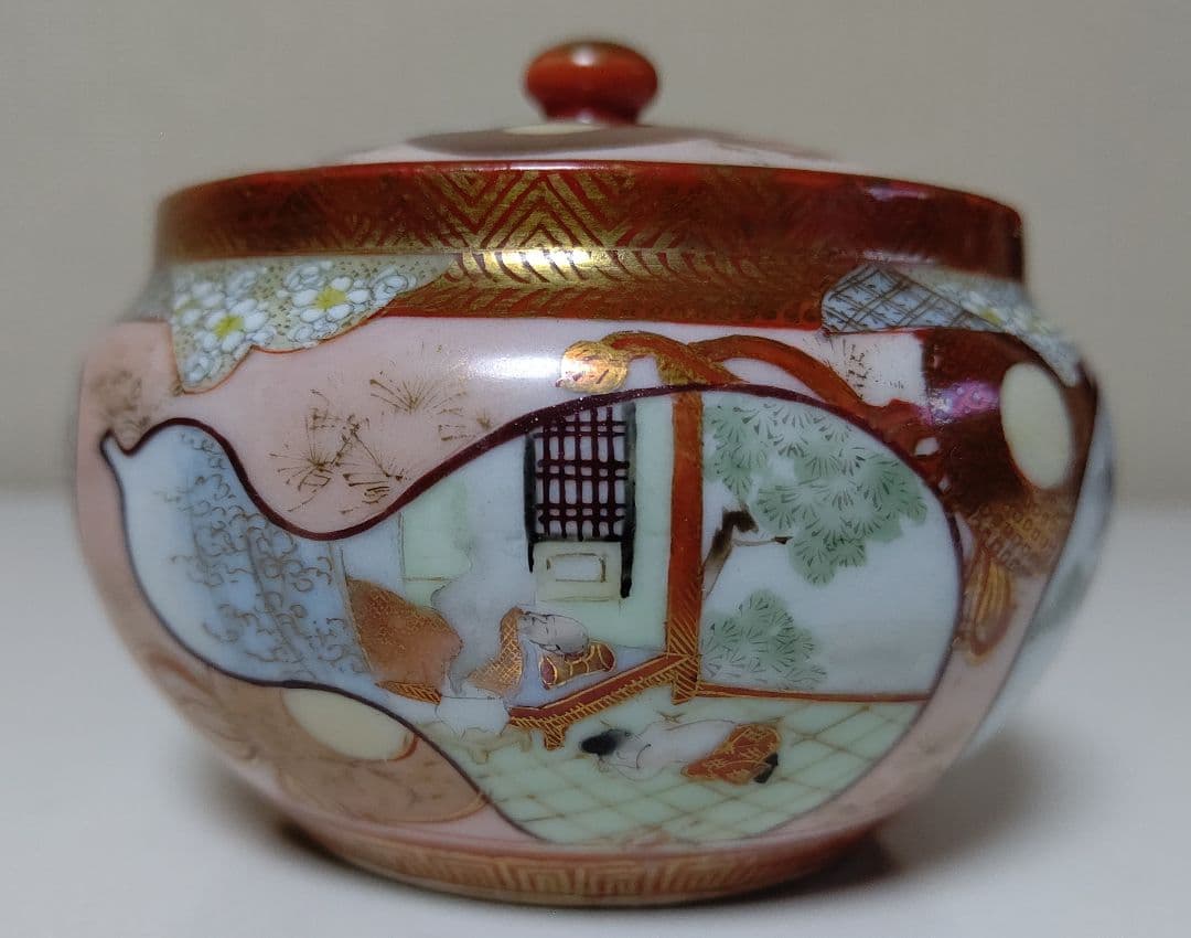 九谷焼 煎茶揃え 7点 茶器 茶道具 赤 ピンク 金 アンティーク