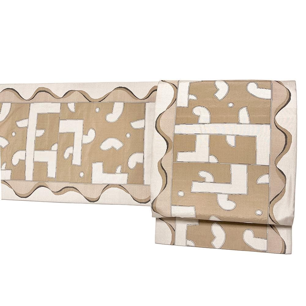 木屋太？ 袋帯 洒落袋帯 西陣織 正絹 中古 ベージュ 茶 No.ymo0045