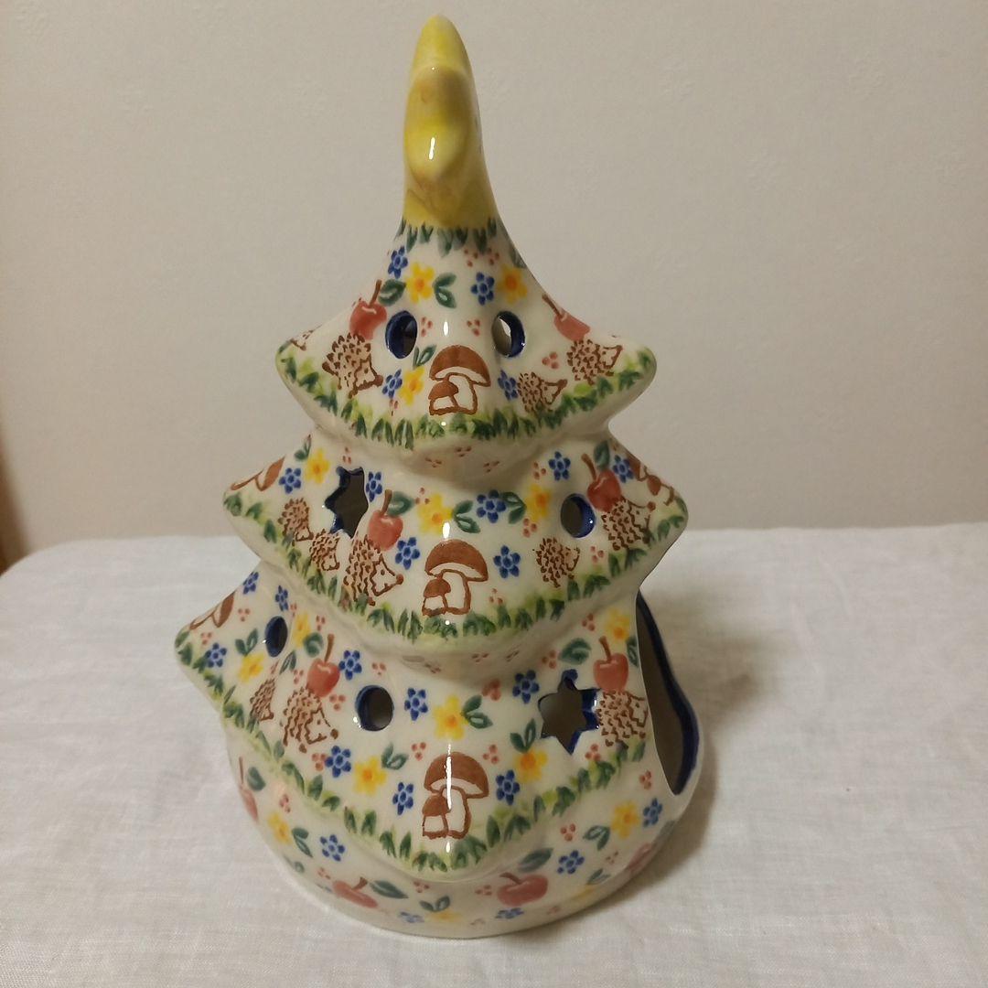 ポーリッシュポタリー　クリスマス　ツリー　キャンドルホルダー　りんごハリネズミ