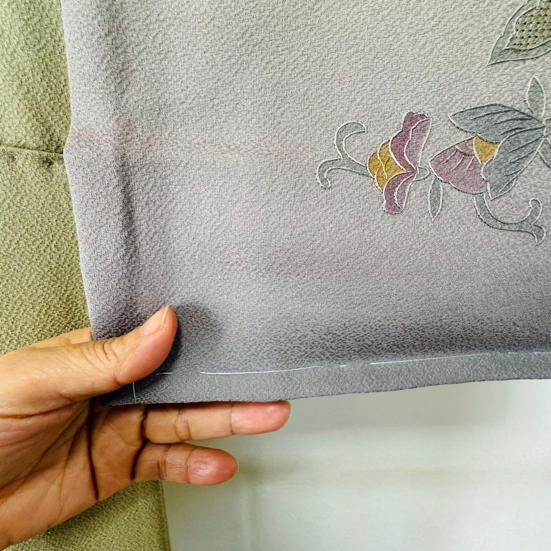 しつけ付き　正絹　袷　訪問着　着物　161裄64　汕頭刺繍　グラデ　黄緑　虹色