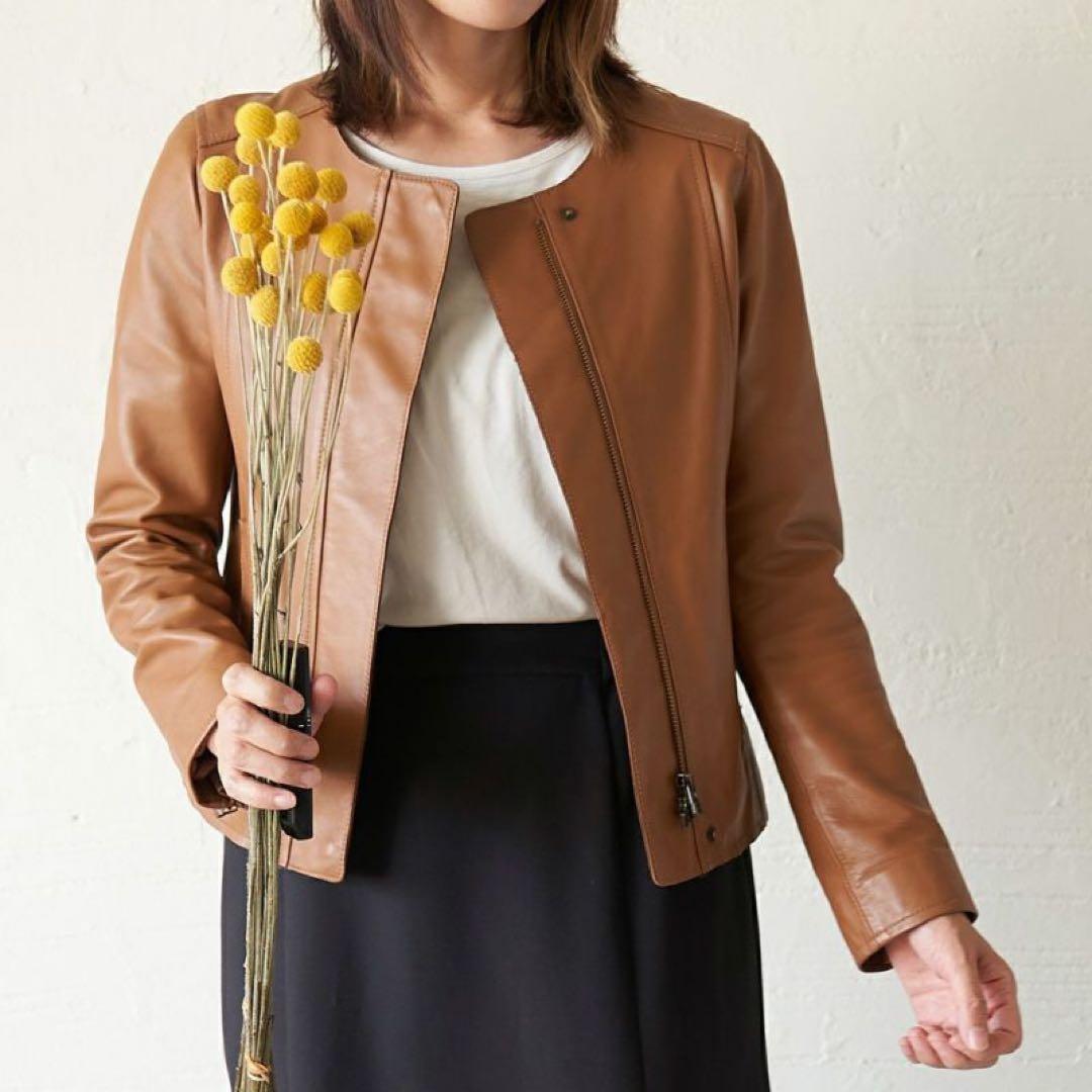 専用★もりのがっこう　ラムレザーノーカラージャケットブルゾン　キャメル