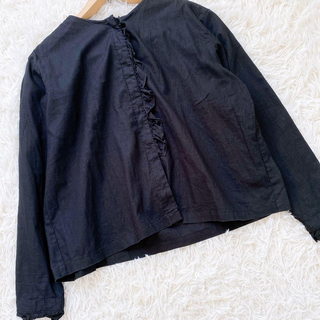 【美品】kagure かぐれ　コットンリネンワッシャーフリルブラウス　ノーカラー