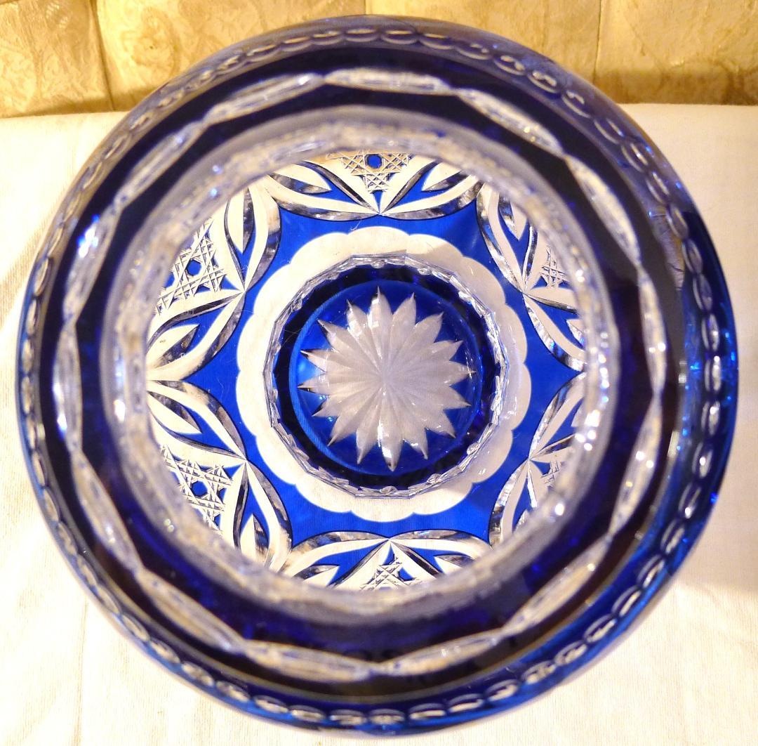 ◇【江戸切子】木村秋雄作クリア＆ブルーカラーフラワーベース（専用箱付）未使用品◇