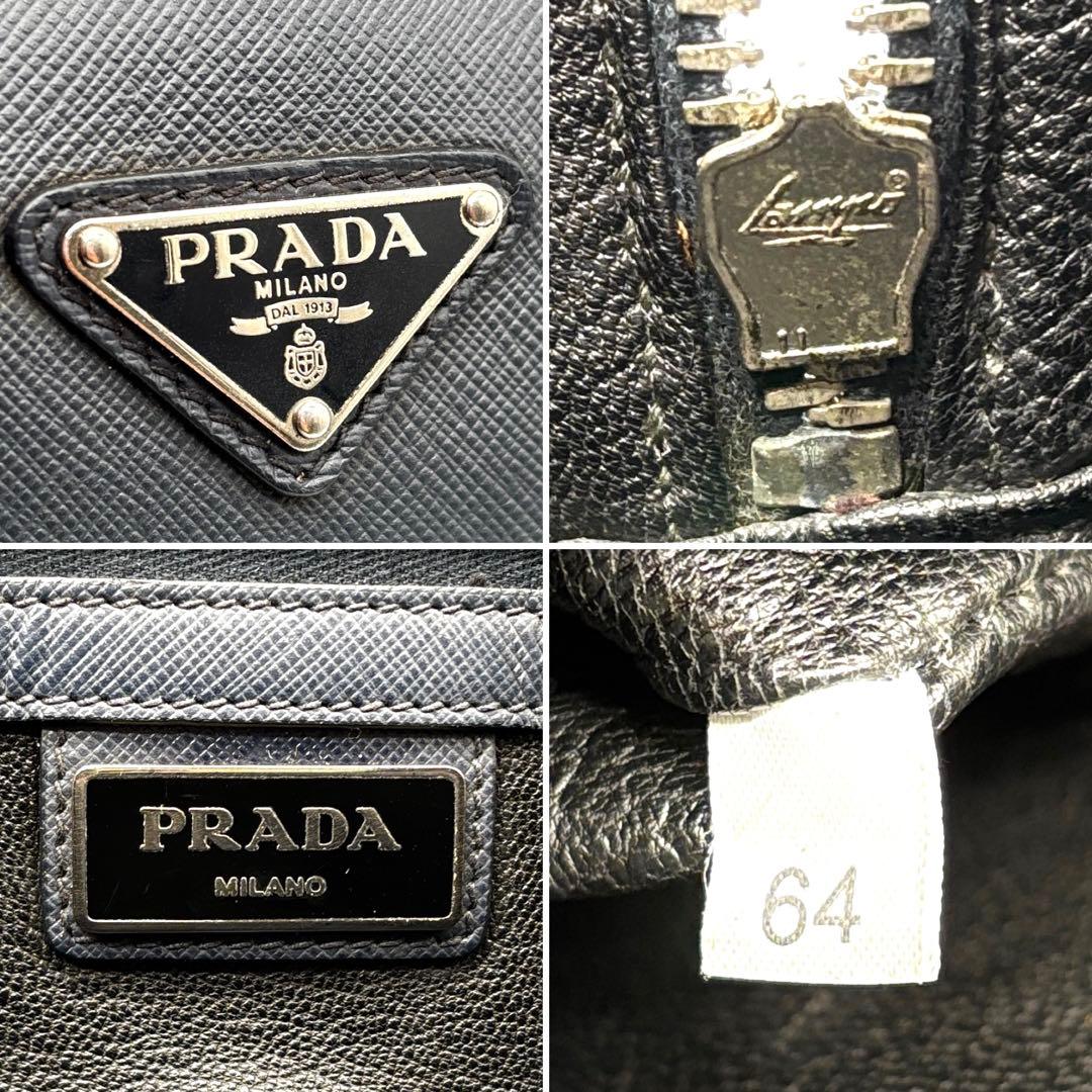 美品 プラダ ビジネスバッグ サフィアーノレザー 三角ロゴ 白タグ ネイビー