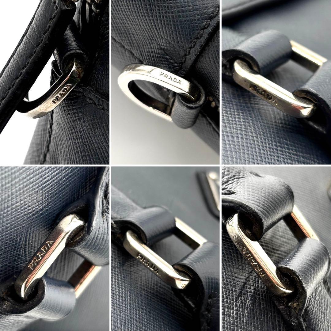 美品 プラダ ビジネスバッグ サフィアーノレザー 三角ロゴ 白タグ ネイビー