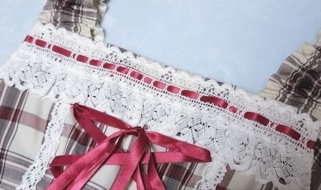 裾スカラップタータンチェックジャンパースカート 生成×エンジ