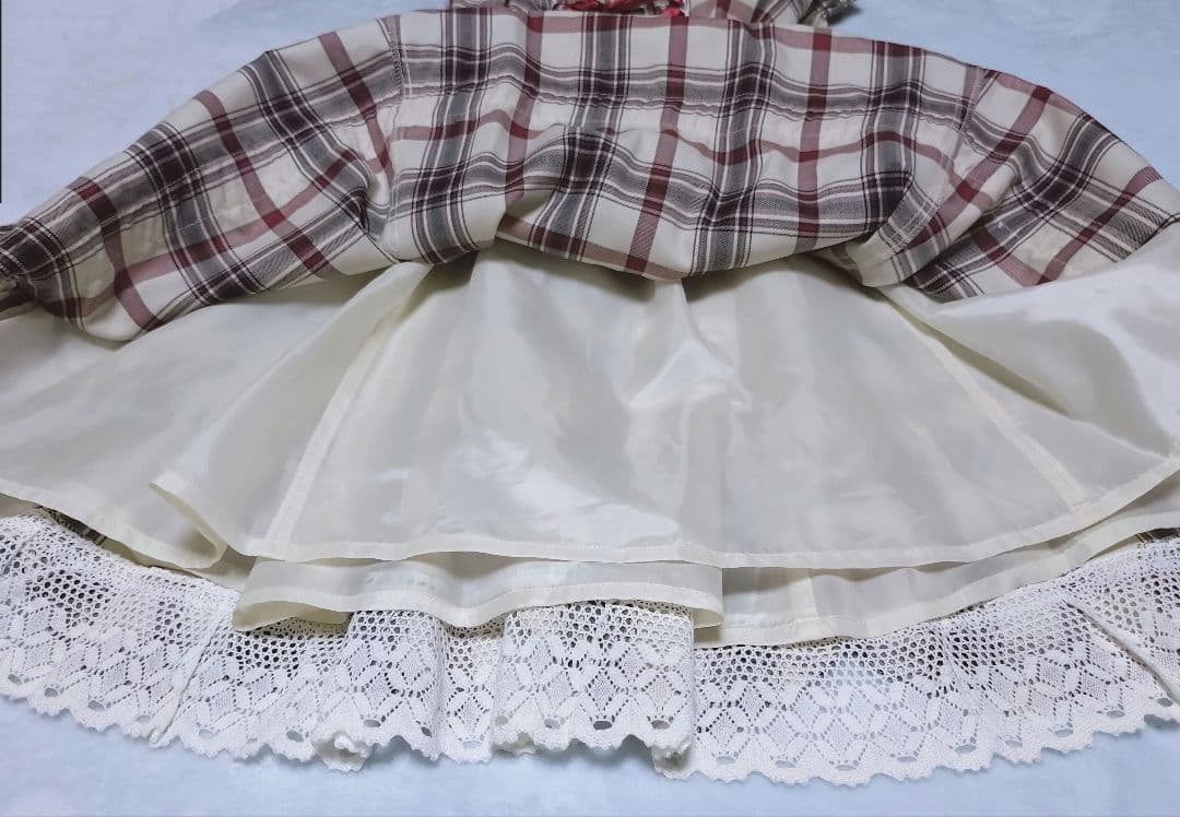 裾スカラップタータンチェックジャンパースカート 生成×エンジ