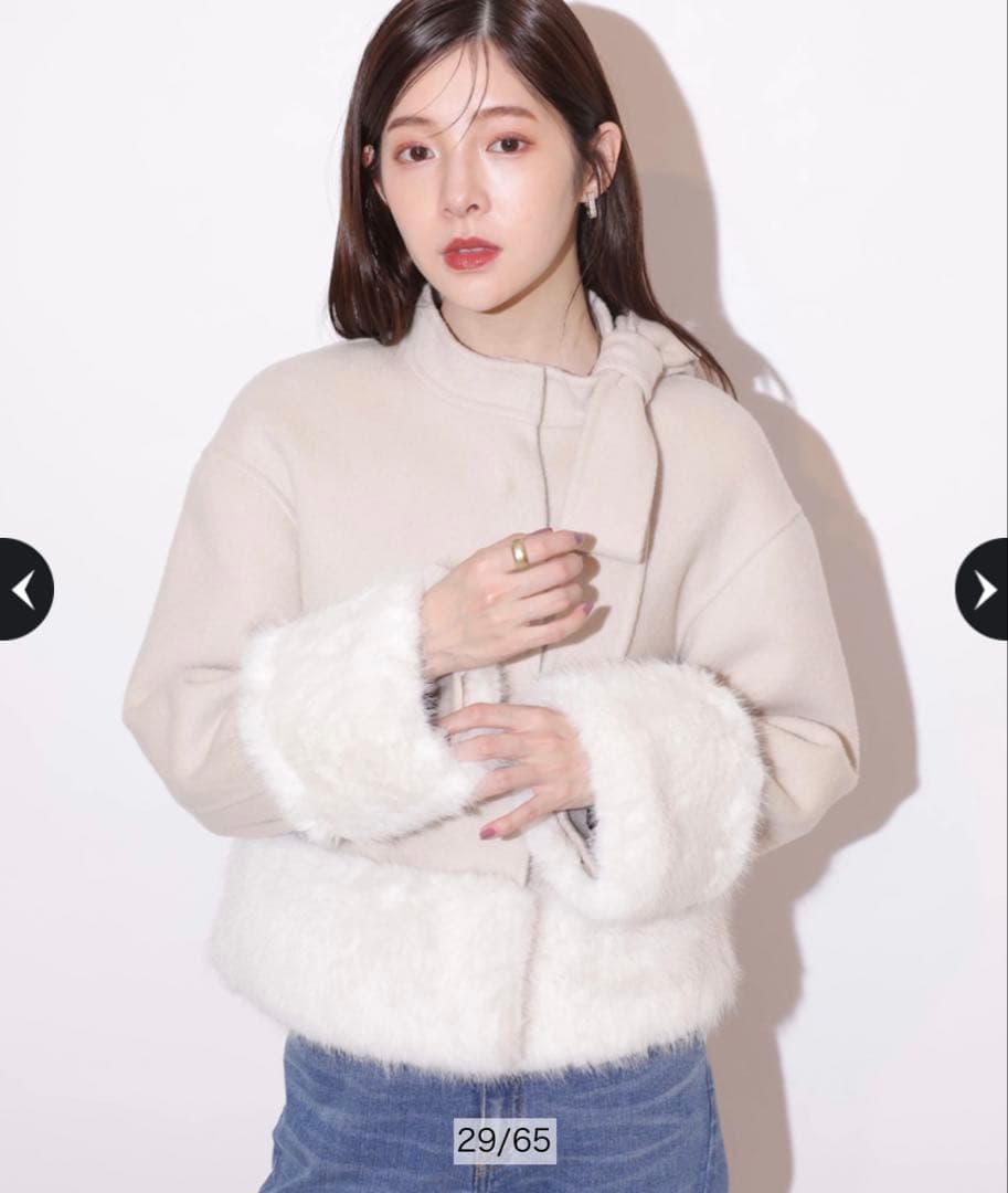 リランドチュール リボンネックファーリバーコート 薄ベージュ S