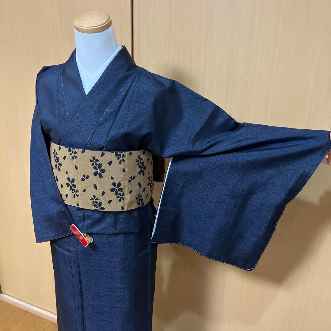 大島紬 ASアンサンブル 着物と道中着セット 藍色大島 麻の葉模様