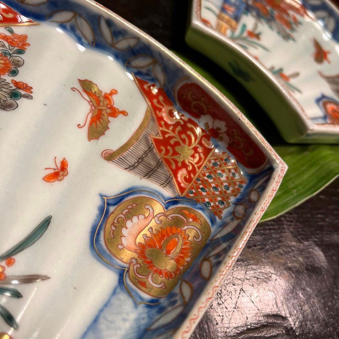 A831 古伊万里　極上　染錦手　菊に蝶　女郎花に蜂紋様　扇面皿　6枚揃え