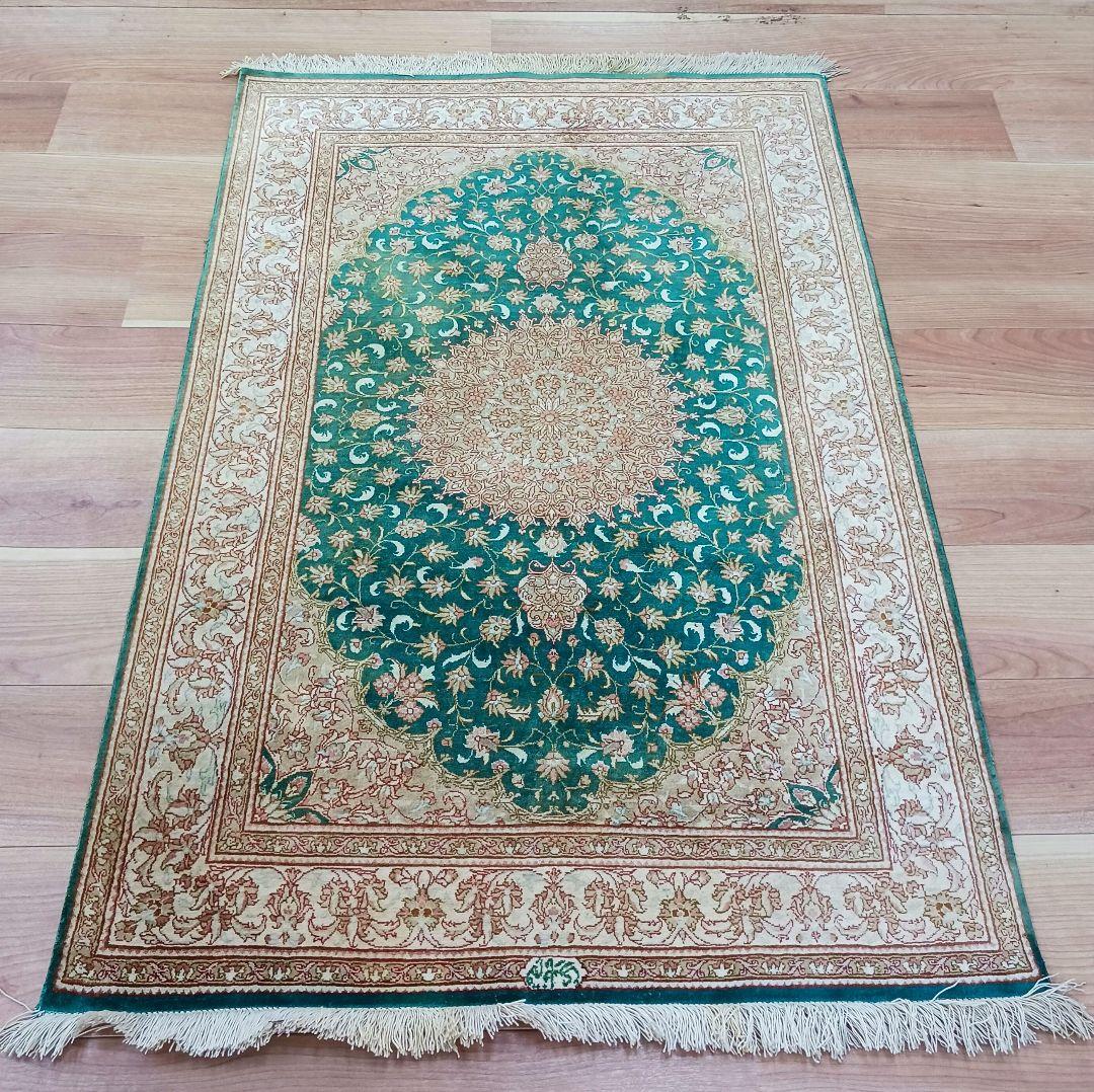 Y3134 高級ペルシャ クム産 シルク100% 手織り絨毯 80×122㎝