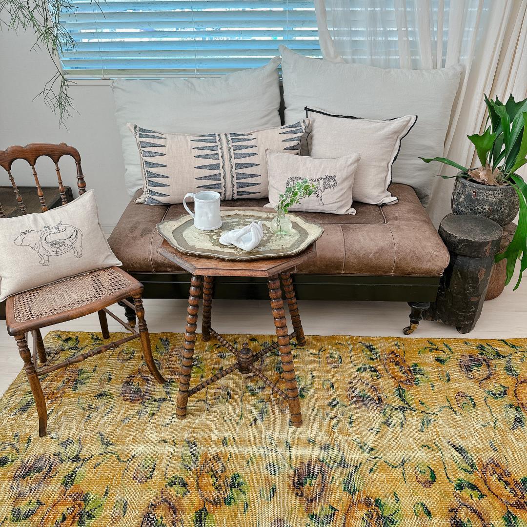 トルコヴィンテージラグ A77 レア イエロー グリーン オーバーダイラグ