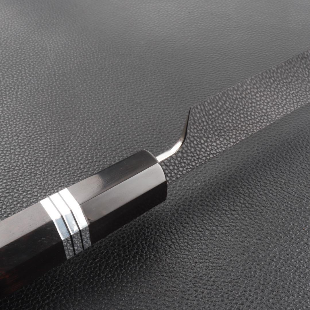 11070鬼反り先丸包丁尺二鏡面仕上げ刺身包丁刃は究極の切れ味黒檀五本銀巻八角柄