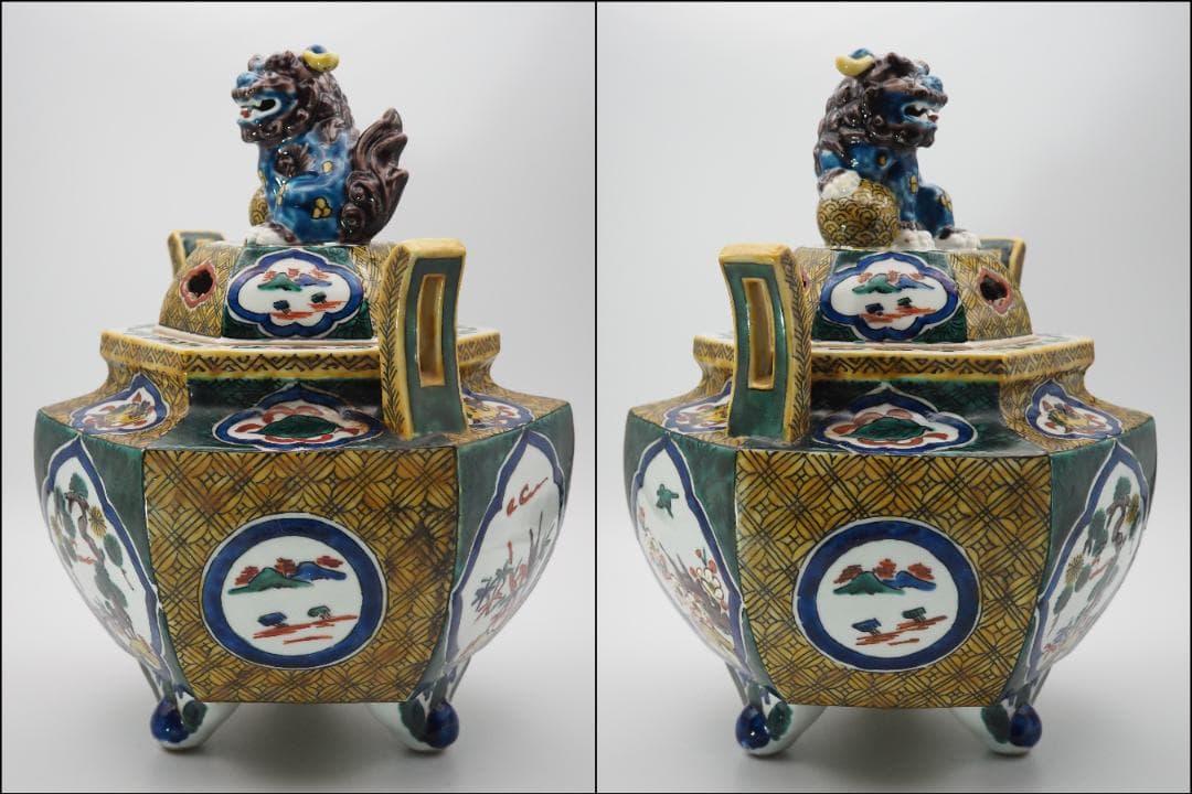 古九谷 角福 色絵 松竹梅窓絵 獅子摘 大型香炉