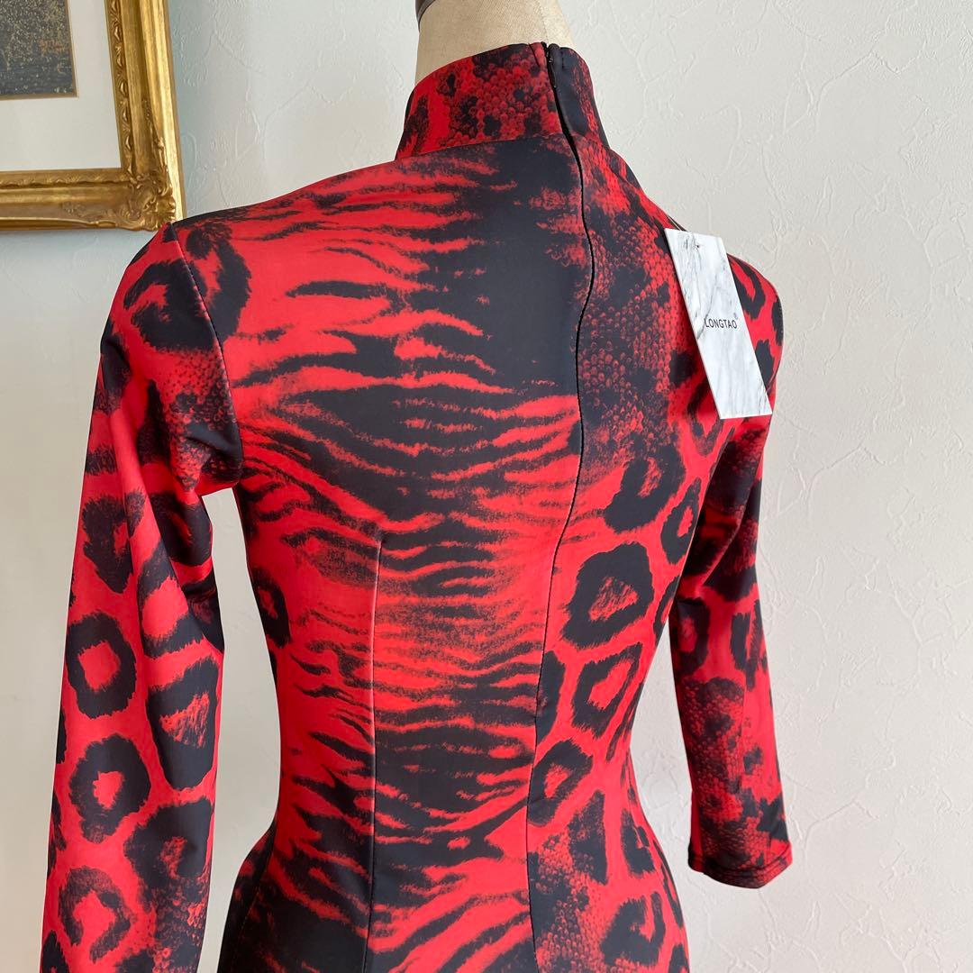 お値下げ【社交ダンス用ドレス】赤黒ヒョウ柄*デモ*レッスン★ラテン★Mサイズ