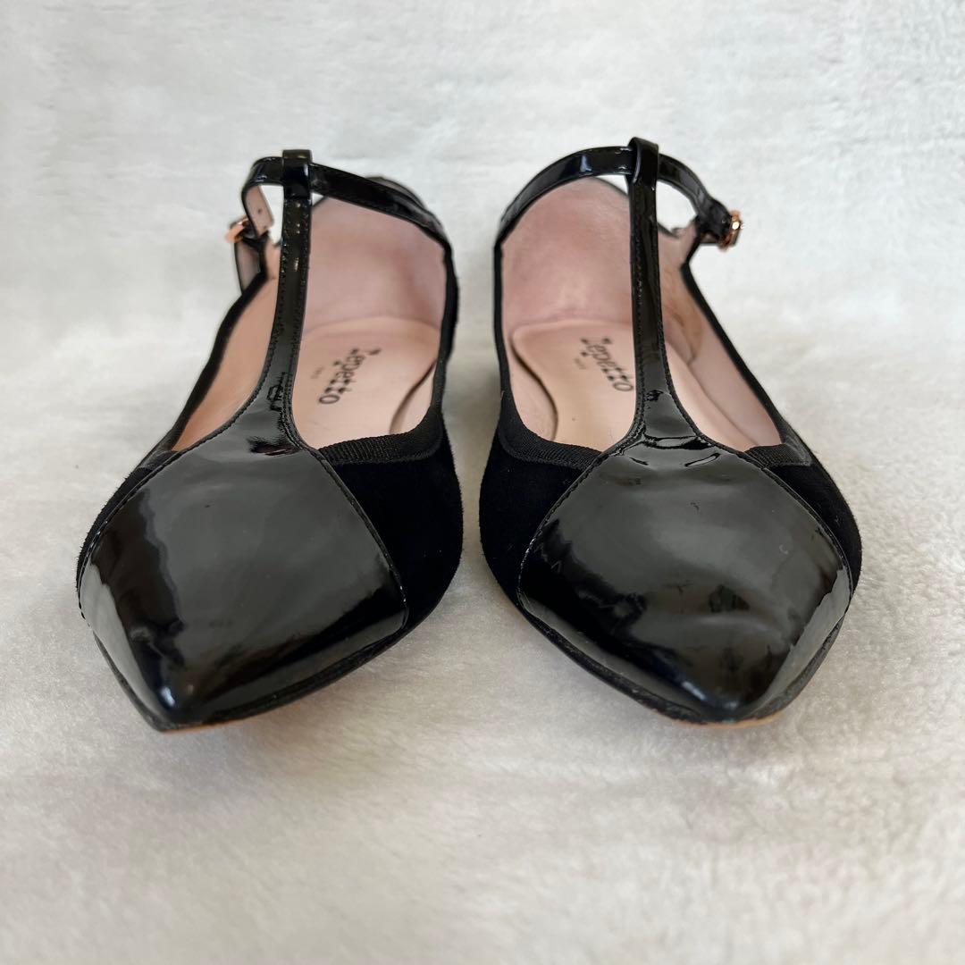 美品☆レペット 37 フラットパンプス Tストラップ エナメル スエード 黒