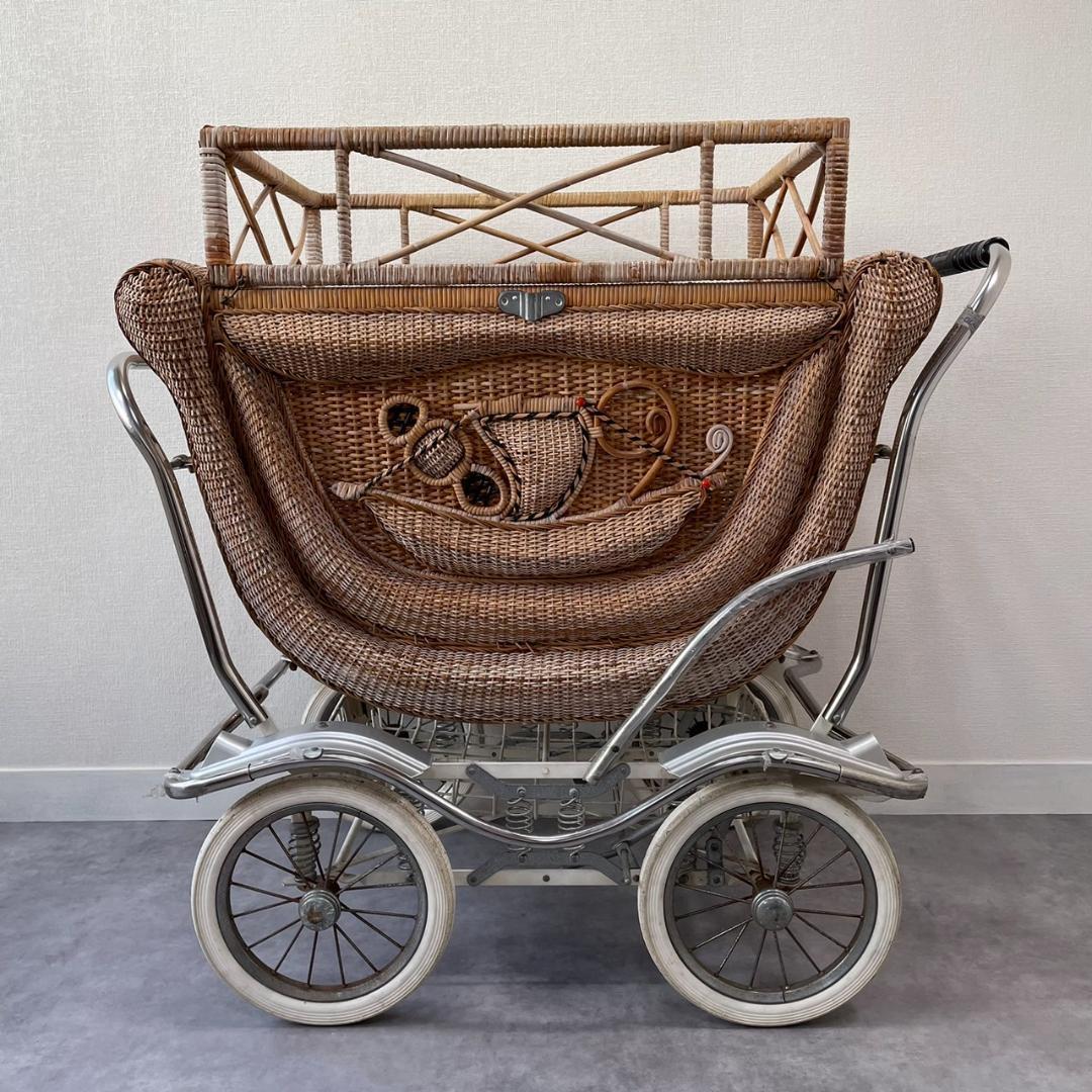 ヴィンテージ 乳母車 ベビーカー ラタン 昭和レトロ 籐 オブジェ ビンテージ