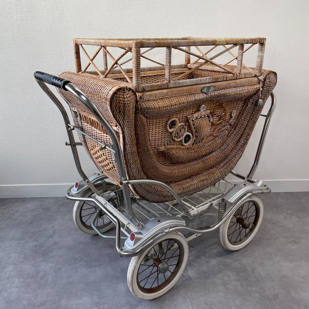 ヴィンテージ 乳母車 ベビーカー ラタン 昭和レトロ 籐 オブジェ ビンテージ