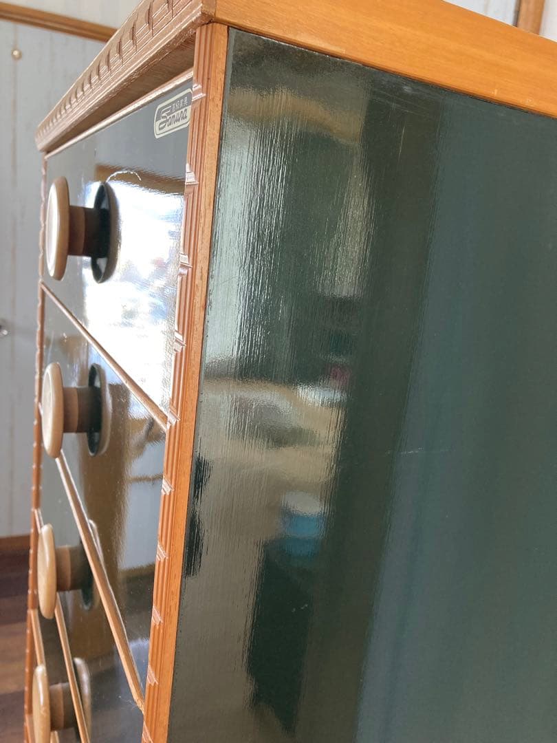 古家具　タンス　引き出し　7段　濃緑色、深緑系　サムラ工芸K.K 昭和レトロ