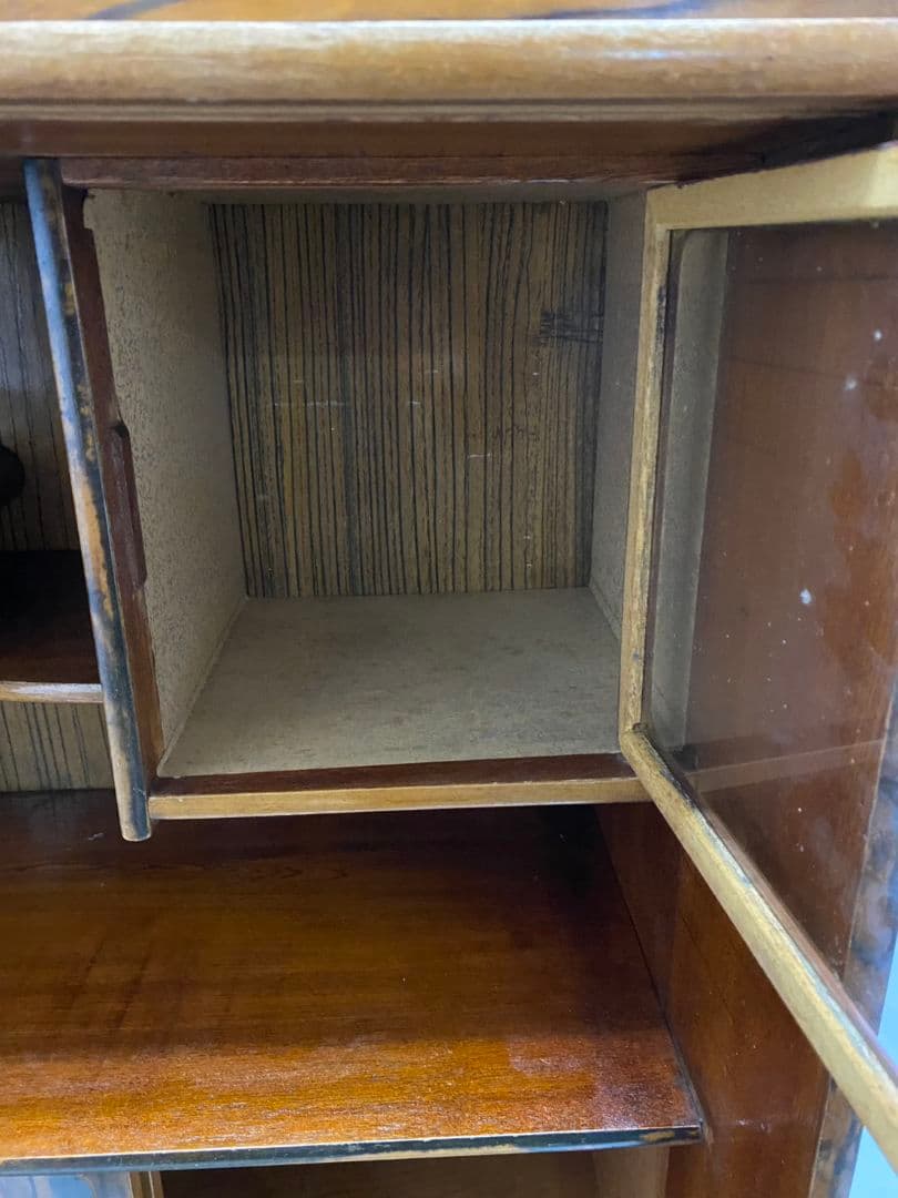 茶箪笥 黒柿張り 手描き襖 水屋箪笥 飾り棚 茶棚 古家具 杢目 木製 ガラス