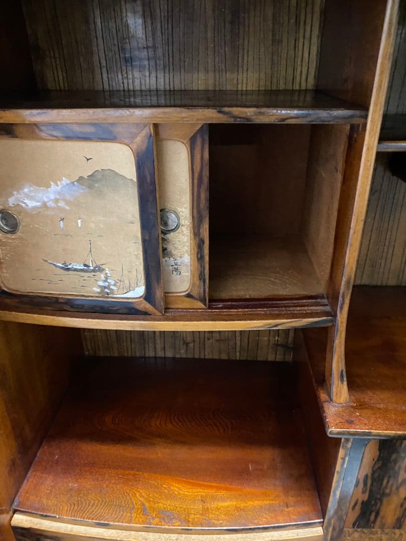 茶箪笥 黒柿張り 手描き襖 水屋箪笥 飾り棚 茶棚 古家具 杢目 木製 ガラス