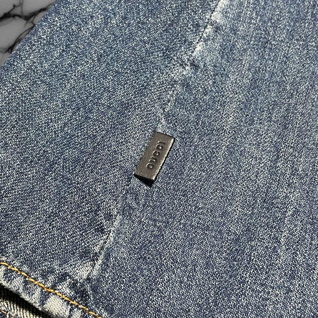 【グッチ】美品デニム フリルシャツ インディゴ ロゴボタン レザータグ 紺 40